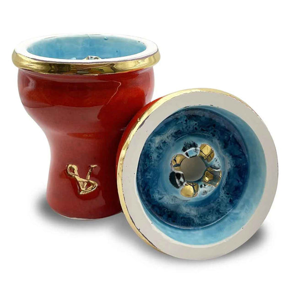 Red and gold ceramic shisha bowl with blue glazed interior, side and top view