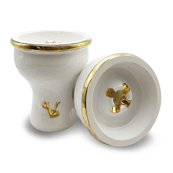 White and gold ceramic shisha bowl with gold accents and internal spire design