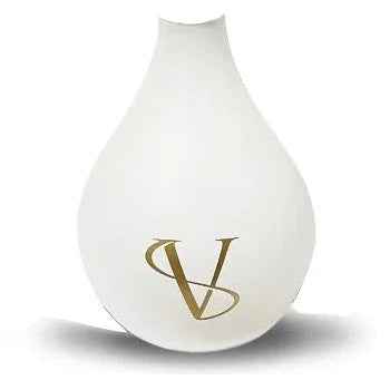 white teardrop-shaped shisha glass base with gold VS logo on front