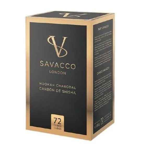 Box of Savacco London hookah charcoal 72 cubes, black and gold packaging.