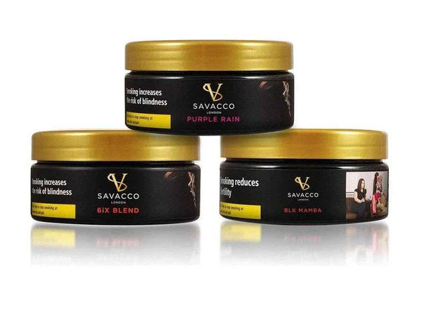Savacco shisha flavours 200g tins in Purple Rain, 6IX Blend, and BLK Mamba, stacked on white background