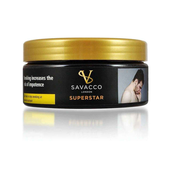 Savacco Superstar citrus mist shisha tobacco tin with gold lid and health warning label