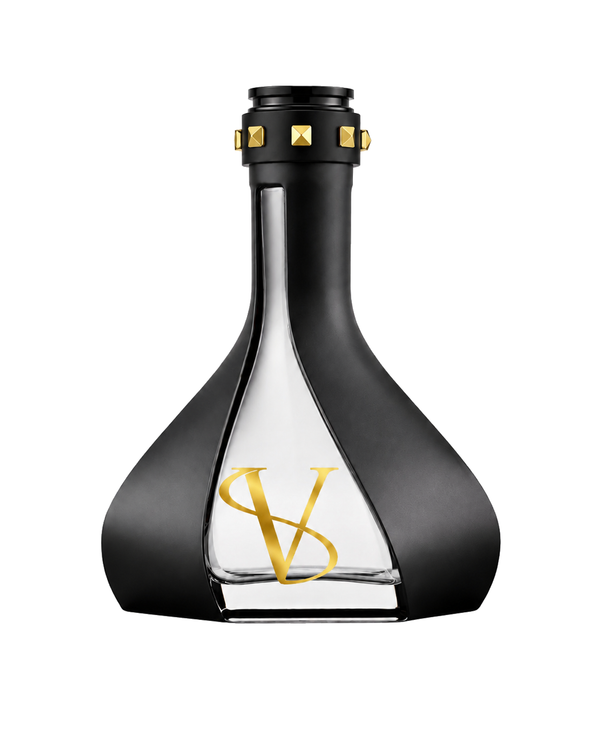 A black perfume bottle with a clear glass center and a gold 'V' logo on the front, set against a plain white background.