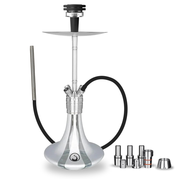 Modern silver hookah set with black hose and multiple metal accessories on a white background
