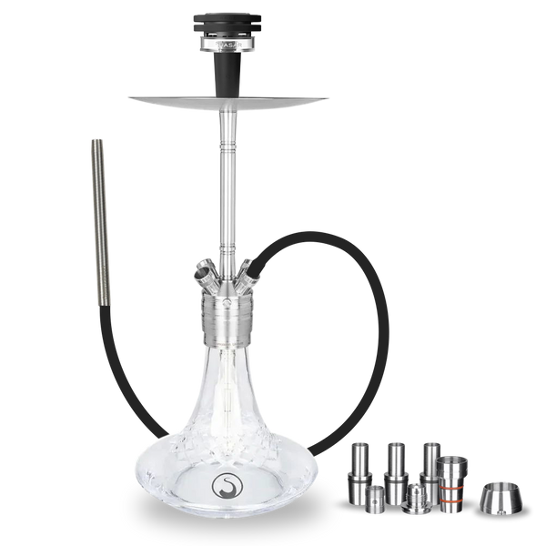 Modern glass hookah with stainless steel stem, black silicone hose, and included accessories