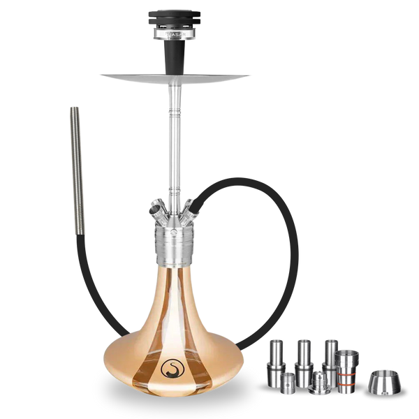 Modern gold and silver shisha pipe with glass base, hose, and multiple stainless steel accessories