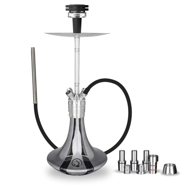 Modern stainless steel hookah set with glass base, hose, and multiple metal accessories