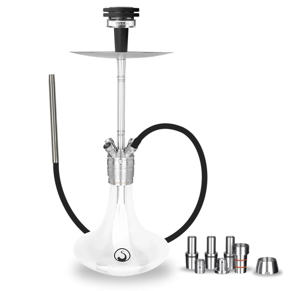 Modern glass hookah with black hose and metallic accessories on white background