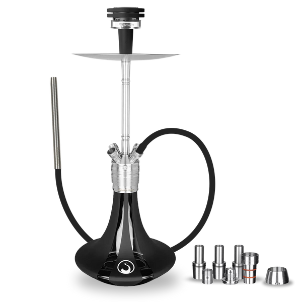 Modern black and silver hookah set with accessories on white background