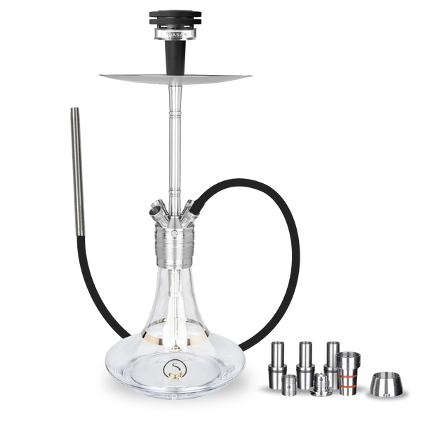 Modern glass shisha pipe with metal stem, black hose, accessories, and clear base