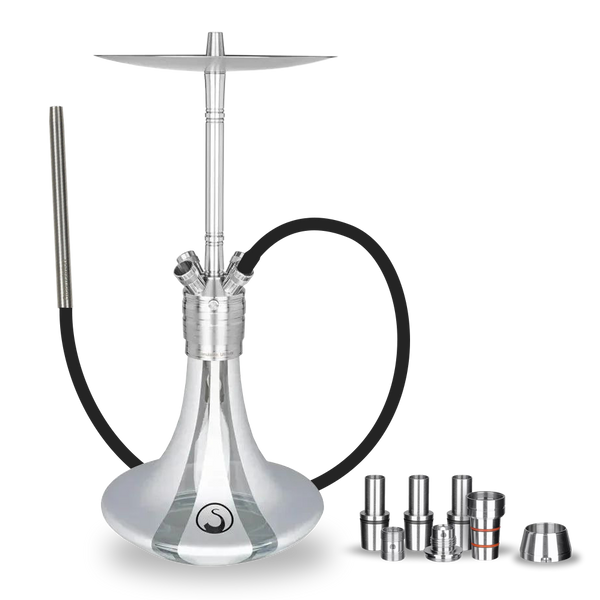 Modern silver shisha hookah set with black hose and multiple metal accessories on white background.