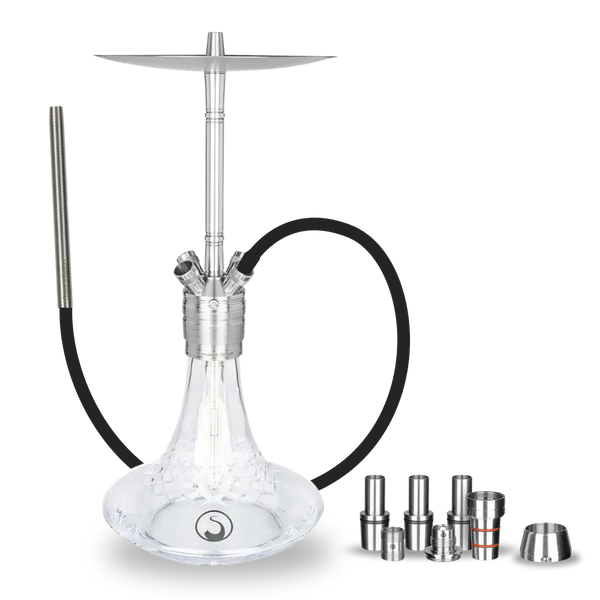 Modern clear glass hookah with stainless steel stem, black hose, and accessory parts on white background