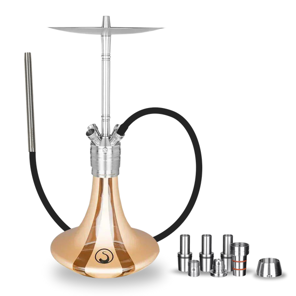 Modern gold and silver shisha hookah set with hose and accessories on white background