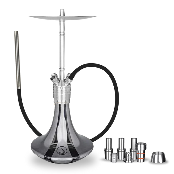Modern stainless steel shisha pipe with glass base, black hose, and metal accessories.