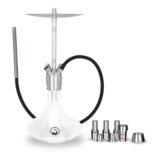 Modern shisha with clear glass base, metal stem, black hose, and stainless steel accessories