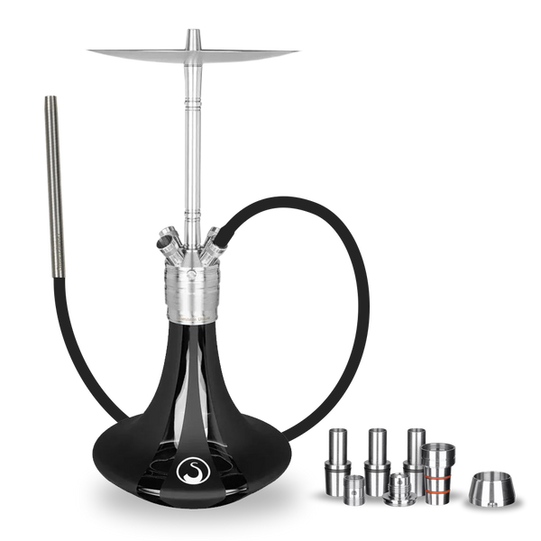 Modern black and silver shisha pipe with detachable hose and metal accessories set