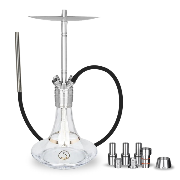 Modern glass hookah set with stainless steel stem, hose, and extra metal accessories