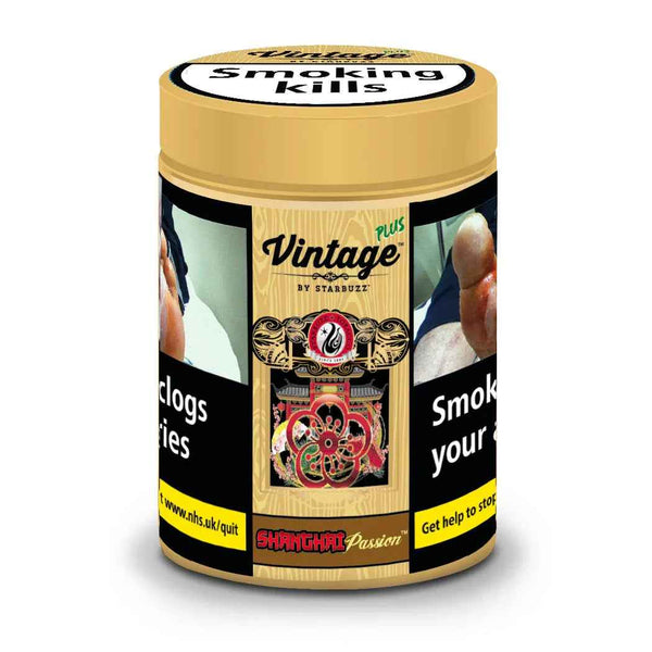 Vintage Plus Shanghai Passion tobacco jar with bold health warning labels and decorative design