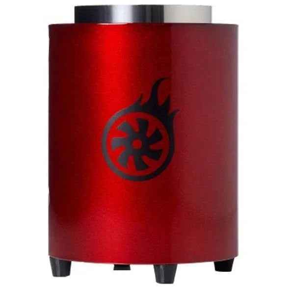 Red Shisha charcoal burner with black flame logo, cylindrical electric heater
