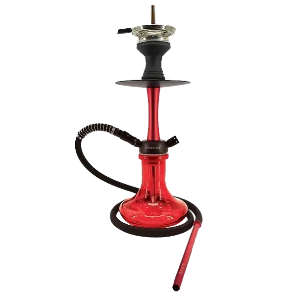 Red glass hookah with black hose and metal bowl on white background