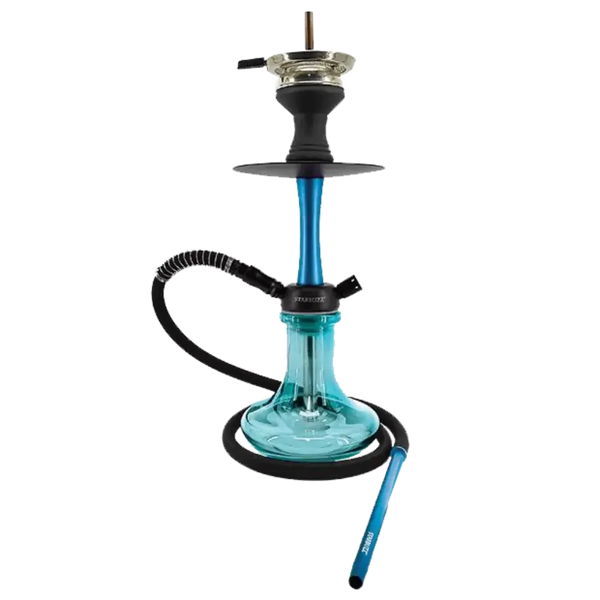 Modern blue glass shisha pipe with black hose and bowl, isolated on a white background