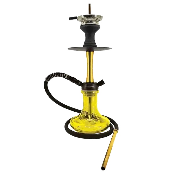 Modern yellow glass hookah with black hose and gold mouthpiece on white background