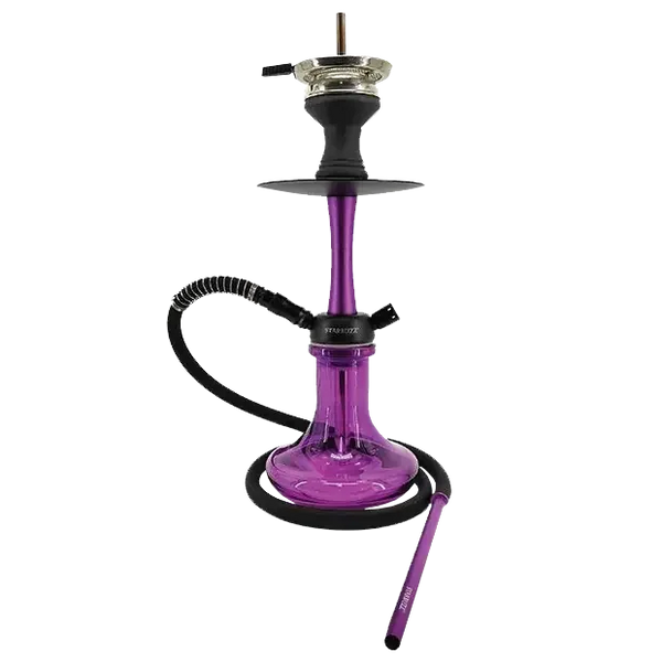 Purple glass shisha pipe with black hose and metal bowl on a white background