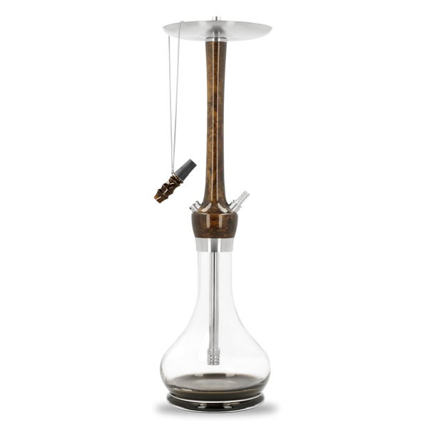 Modern glass shisha pipe with brown marbled stem and metal accents on white background