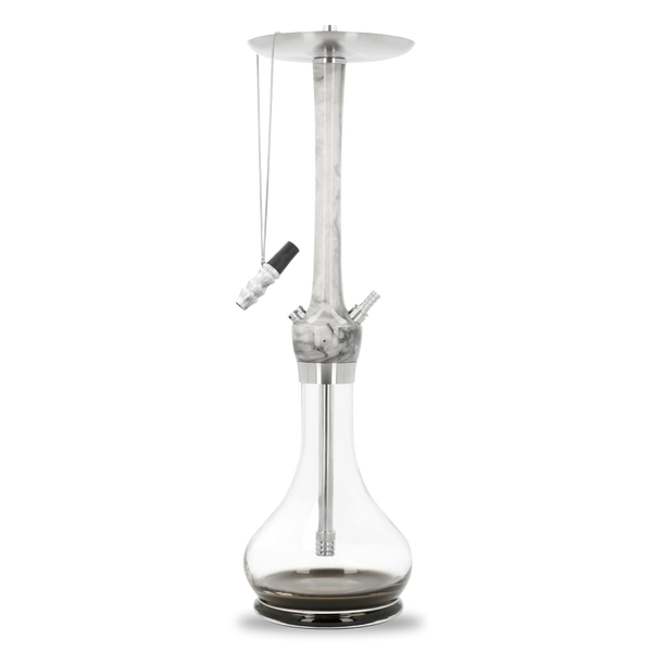Modern marble-design shisha pipe with clear glass base and metallic accents on white background