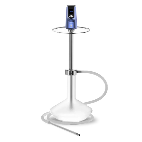 Modern shisha pipe with clear glass base, stainless steel stem, and blue electronic heat controller