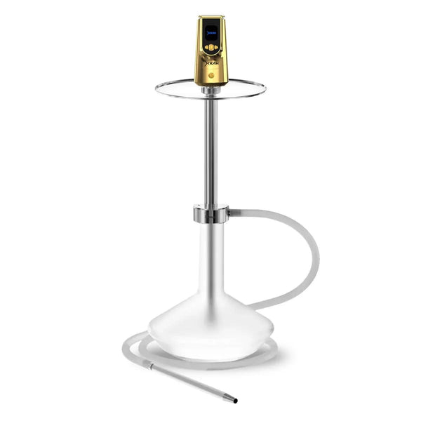 Modern electronic shisha with gold top, clear glass base, and white silicone hose