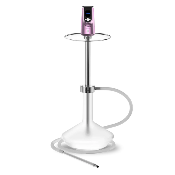 Modern pink and silver shisha with digital control, clear glass base and silicone hose