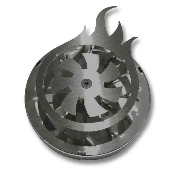 Stainless steel shisha heat management device with flame-shaped edge and turbine design
