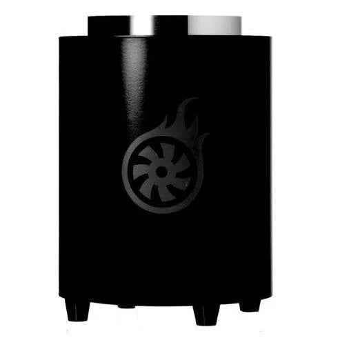 Black shisha charcoal heater cylinder with flame emblem, modern hookah accessory