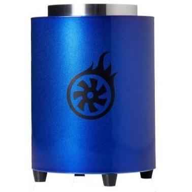 Blue electric shisha charcoal burner with black flame logo, cylindrical design