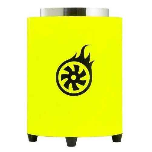 Neon yellow shisha charcoal starter with black flame logo, cylindrical design.