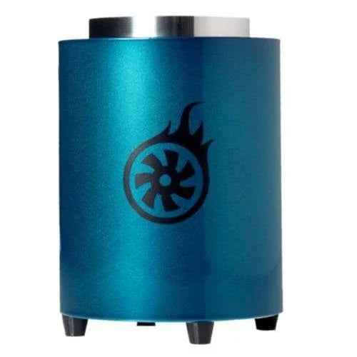 Ocean blue shisha charcoal heater with flame symbol, modern cylindrical design