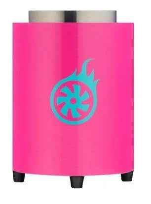 Pink shisha coal heater with blue flame wheel logo, standing on black feet.