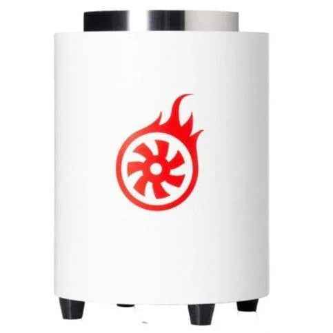 White shisha charcoal heater with red flame and turbine design, cylindrical shape