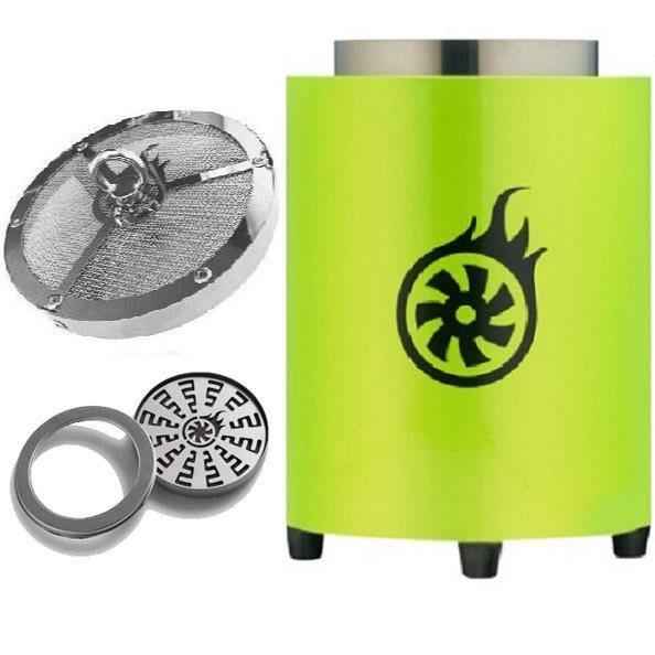 Lime green shisha charcoal burner set with metal accessories, modern hookah heat management.