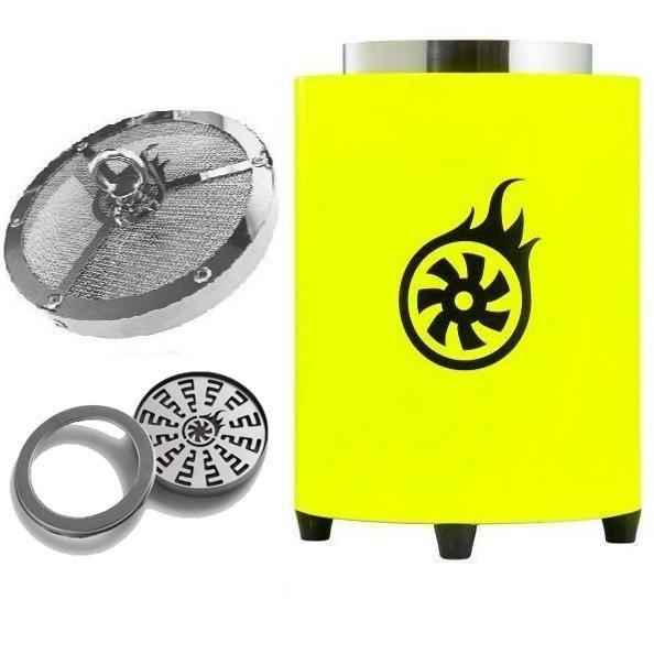 Neon yellow shisha charcoal burner set with mesh grill and metal accessories on white background
