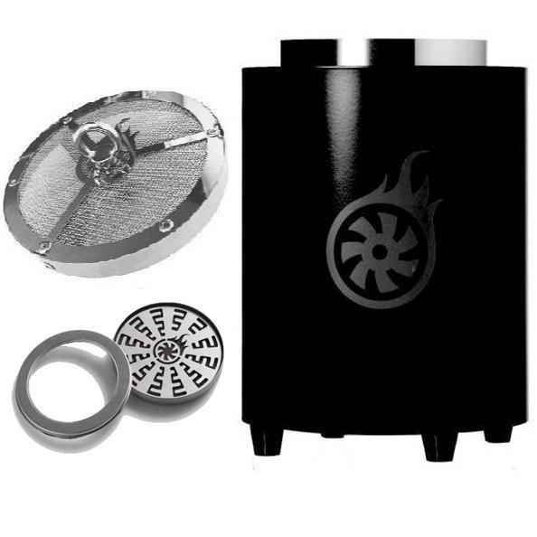 Black shisha charcoal burner set with metal heat management and grill parts
