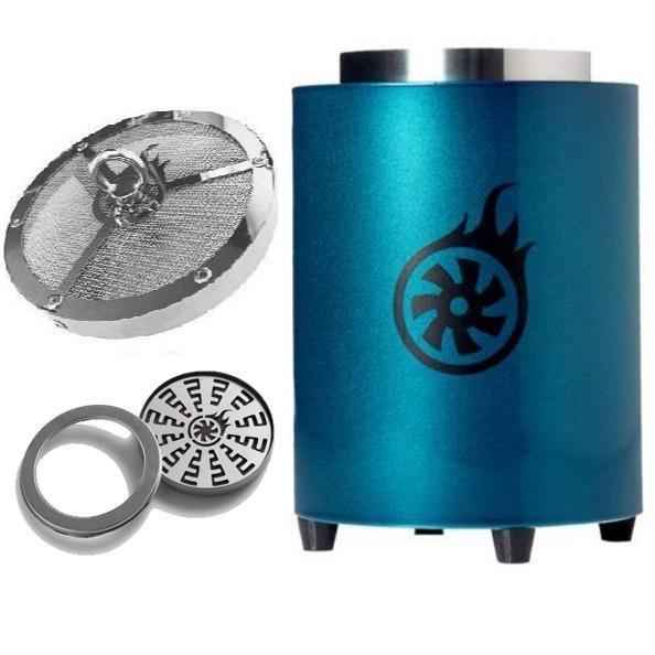Ocean blue shisha charcoal burner set with mesh tray and metal accessories.