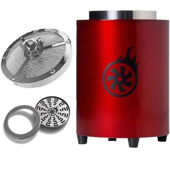 Red shisha charcoal burner set with metallic accessories and heat management parts
