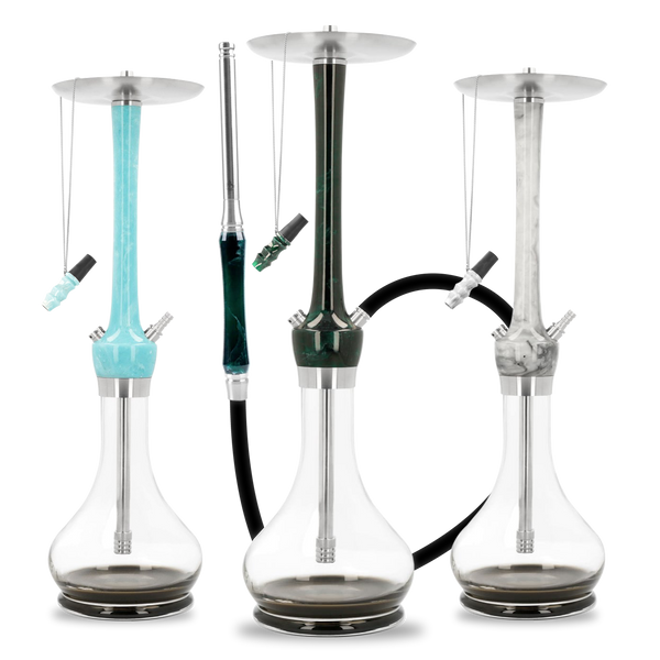 Three modern glass base hookahs in blue, green, and white with metal accents on white background