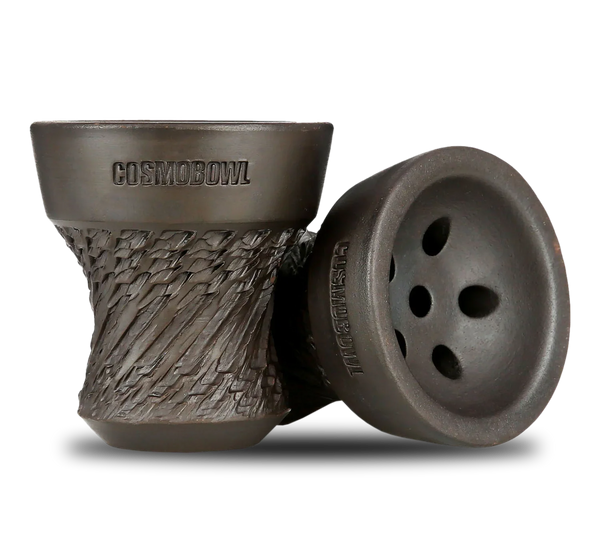 CosmoBowl dark clay shisha bowl with textured design and multiple airflow holes, hookah accessory