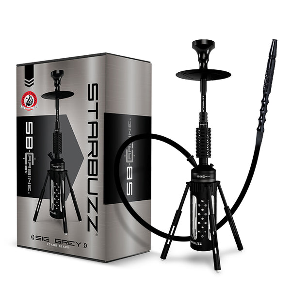 Black hookah with 'Starbuzz' packaging on a white background