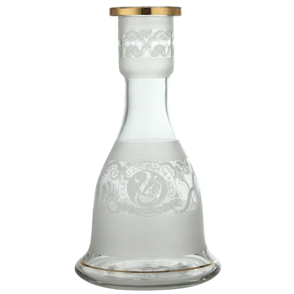 Frosted glass shisha base with ornate silver patterns and gold rim, hookah accessory