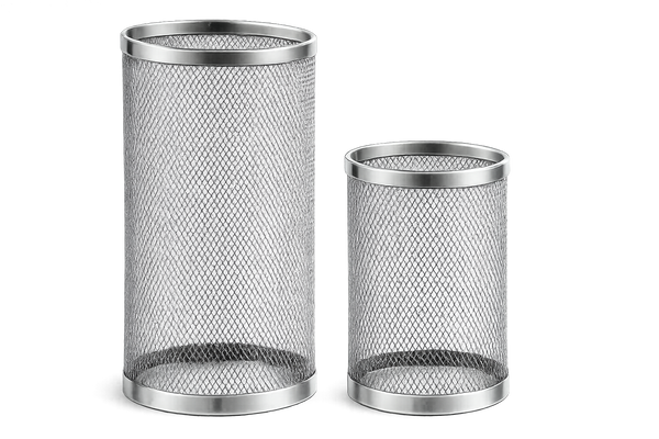 Two silver metal mesh pencil holders of different heights on a plain white background.