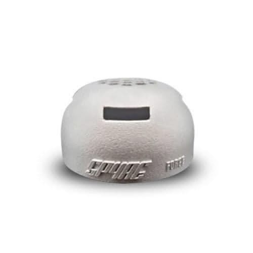 Silver hookah heat management device with vented top and embossed text, isolated on white